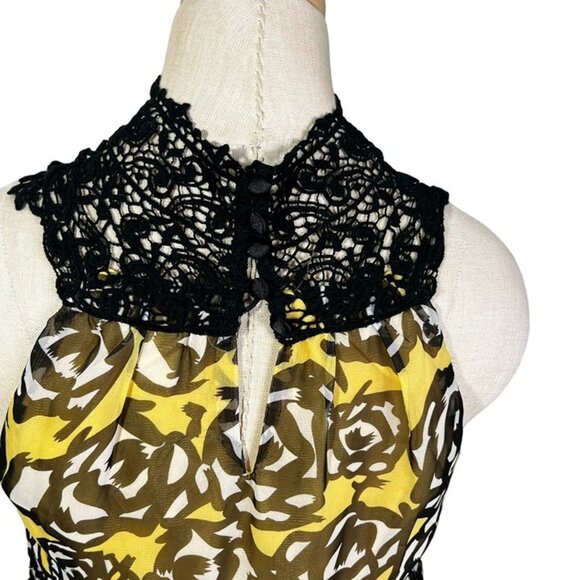 Esley women's dress S yellow black rose print lace high neck flowy ruffles - Picture 5 of 6